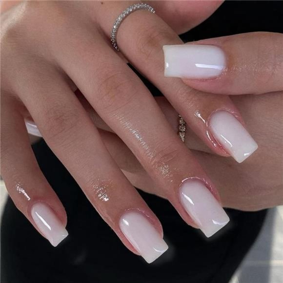 Ivory White Press on Nails Medium Square,Opaque Nude White Fake Nails with Gel